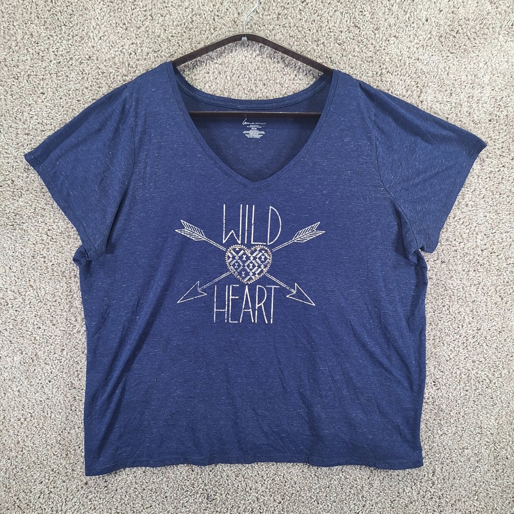 Lane Bryant T Shirt Womens 26/28 Blue Linen Wild Heart Graphic V‎ Neck Casual